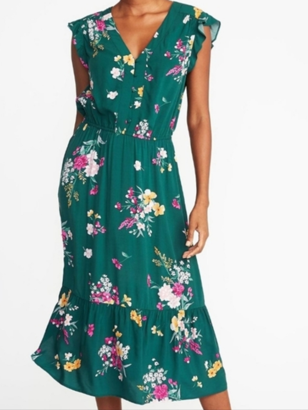 Old Navy Green Pink Floral Ruffle Sleeve Midi Dress Size Small - Picture 2 of 13